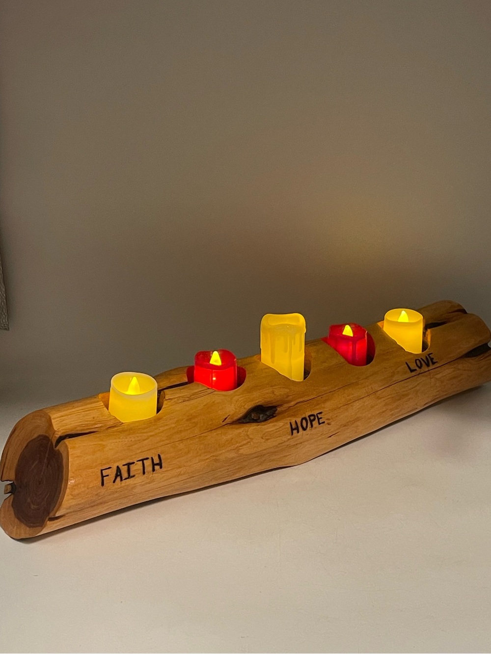 VTG Solid Live Edge Red Cedar Wood Log Candle Holder w/ Engraved Faith-Hope-Love